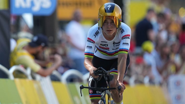 Belgium's Remco Evenepoel crosses the finish line during the fifth stage of the Tour de France cycling race, an indivdual time-trial over 33 kilometers (20.5 miles) with start and finish in Caen, France, Wednesday, July 9, 2025. (Thibault Camus/AP)