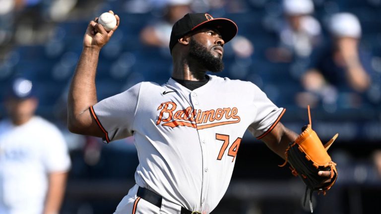 Baltimore Orioles pitcher Félix Bautista (74) throws to home plate during the ninth inning of a baseball game against the Tampa Bay Rays, Sunday, July 20, 2025, in Tampa, Fla. (Phelan M. Ebenhack/AP)
