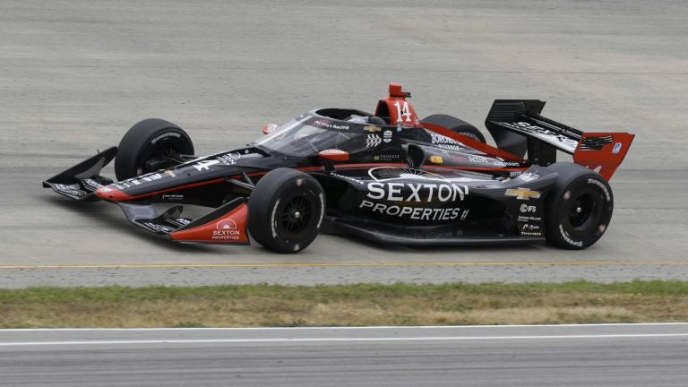 Santino Ferrucci (14) drives during an IndyCar auto race Sunday, Sept. 15, 2024, at the Nashville Superspeedway in Lebanon, Tenn. (Mark Humphrey/AP)