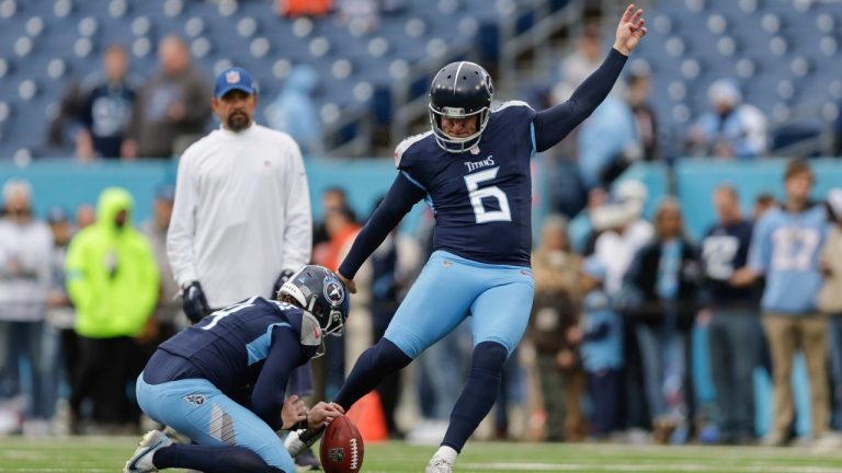 Tennessee Titans kicker Nick Folk (6) warms up prior to an NFL football game against the Cincinnati Bengals, Sunday, Dec. 15, 2024, in Nashville, Tenn. (Stew Milne/AP)
