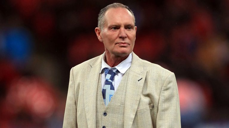 Former England midfielder Paul Gascoigne at Wembley stadium in London. (Mike Egerton/PA via AP)
