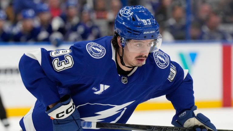 Tampa Bay Lightning centre Gage Goncalves (93) against the Los Angeles Kings during the second period of an NHL hockey game Thursday, Jan. 30, 2025, in Tampa, Fla. (Chris O'Meara/AP)