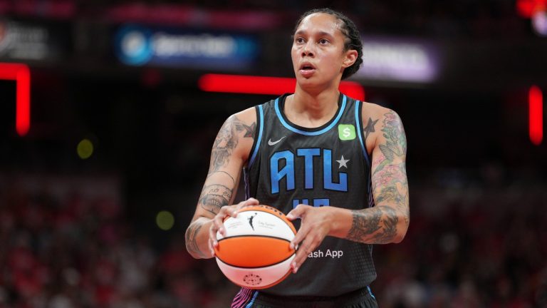 Atlanta Dream's Brittney Griner shoots during the first half of a WNBA game against the Indiana Fever, Friday, July 11, 2025, in Indianapolis. (AJ Mast/AP)