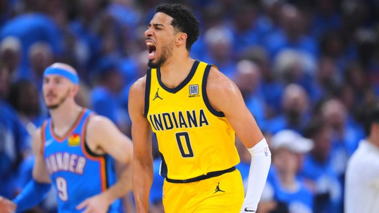 Indiana Pacers guard Tyrese Haliburton reacts after scoring during the first half of Game 7 of the NBA Finals basketball series against the Oklahoma City Thunder Sunday, June 22, 2025, in Oklahoma City. (Julio Cortez/AP)