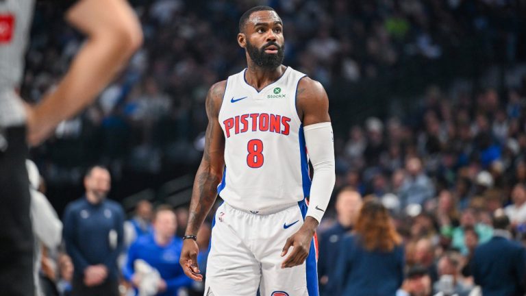 Detroit Pistons forward Tim Hardaway Jr. walks on the court during the first half of an NBA basketball game against the Dallas Mavericks, Friday, March 21, 2025, in Dallas, Texas. (Albert Pena/AP)