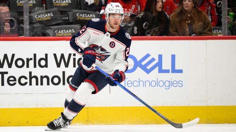 Columbus Blue Jackets defenceman Jordan Harris (22) in action during the first period of an NHL hockey game against the Washington Capitals, Sunday, April 13, 2025, in Washington. (Nick Wass/AP Photo)