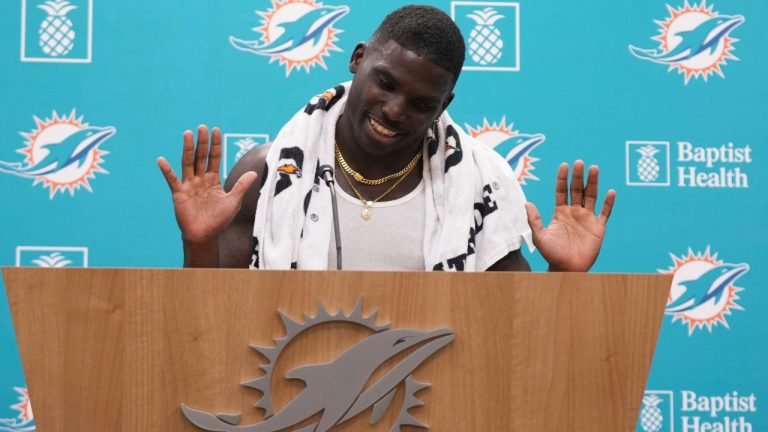 Miami Dolphins wide receiver Tyreek Hill speaks during a news conference at the NFL football team's training camp, Tuesday, July 22, 2025, in Miami Gardens, Fla. (Lynne Sladky/AP)