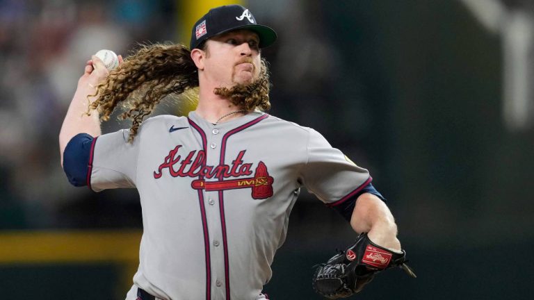Atlanta Braves starting pitcher Grant Holmes throws to the Texas Rangers in the fourth inning of a baseball game Saturday, July 26, 2025, in Arlington, Texas. (Tony Gutierrez/AP)