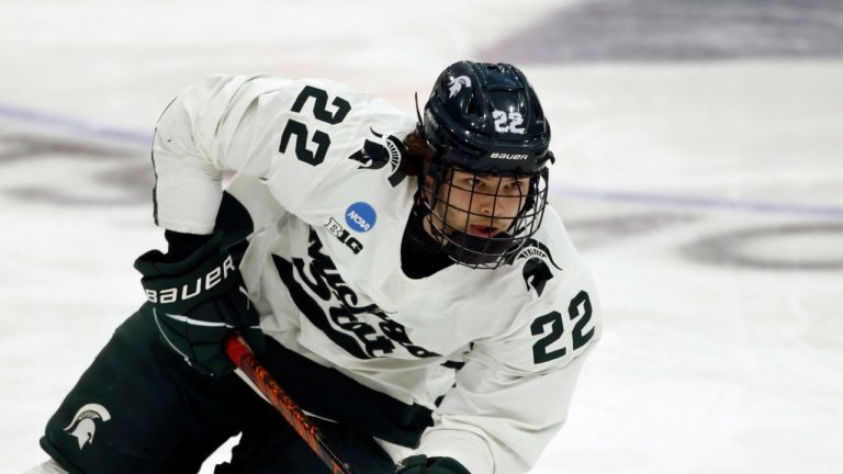 Michigan State forward Isaac Howard (22) during an NCAA college hockey tournament regional game on Friday, March 29, 2024, in Maryland Heights, Mo. (Colin E. Braley/AP Photo)
