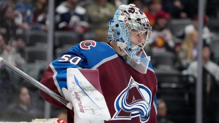 Colorado Avalanche goaltender Ivan Prosvetov prepares for play to resume in the second period of an NHL hockey game against the Florida Panthers Saturday, Jan. 6, 2024, in Denver. (David Zalubowski/AP)
