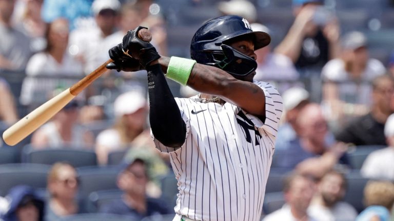 New York Yankees' Jazz Chisholm Jr. hits a three-run triple during the third inning of a baseball game against the Athletics, Sunday, June 29, 2025, in New York. (Adam Hunger/AP)