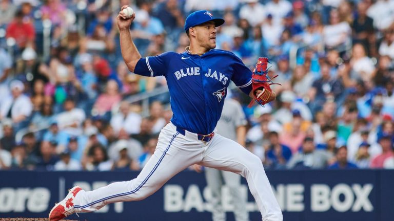 Toronto Blue Jays pitcher José Berríos (17) throws a pitch against the New York Yankees during first inning MLB baseball action in Toronto, on Wednesday, July 2, 2025. (Sammy Kogan/CP)
