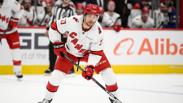 Carolina Hurricanes centre Tyson Jost (27) in action during the second period of an NHL hockey game against the Washington Capitals, Thursday, April 10, 2025, in Washington. (Nick Wass/AP Photo)