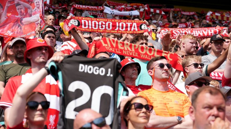 Liverpool fans pay tribute to Liverpool player Diogo Jota ahead of the pre-season friendly soccer match between Preston and Liverpool at Deepdale Stadium, Preston, Sunday July 13, 2025. (Martin Rickett/PA via AP)