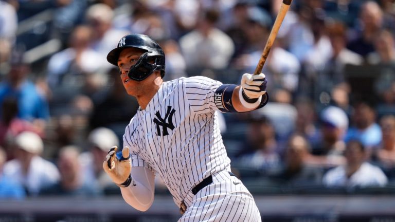 New York Yankees' Aaron Judge (99) hits a double during the seventh inning of a baseball game against the Chicago Cubs, Saturday, July 12, 2025, in New York. (Yuki Iwamura/AP)