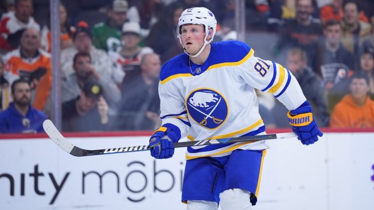 Buffalo Sabres' Sam Lafferty plays during an NHL hockey game, Saturday, Nov. 16, 2024, in Philadelphia. (Matt Slocum/AP Photo)