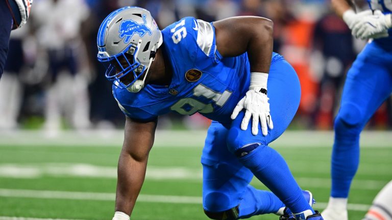 Detroit Lions defensive end Levi Onwuzurike waits for the snap of the ball during the first half of an NFL football game against the Chicago Bears in Detroit, Thursday, Nov. 28, 2024. The Lions won 23-20. (David Dermer/AP)