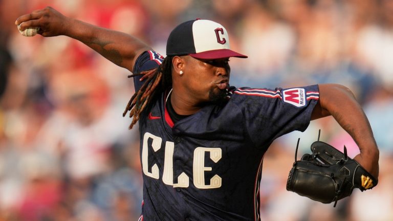 Cleveland Guardians' Luis L. Ortiz pitches in the first inning of a baseball game against the St. Louis Cardinals in Cleveland, Friday, June 27, 2025. (Sue Ogrocki/AP)
