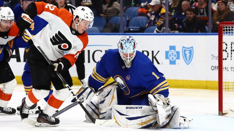 Olle Lycksell (62) is stopped by Buffalo Sabres goaltender Ukko-Pekka Luukkonen (1) during the second period of an NHL hockey game Friday, April 5, 2024, in Buffalo, N.Y. (Jeffrey T. Barnes/AP)