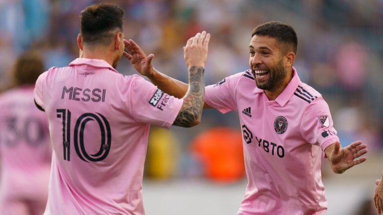 Inter Miami's Lionel Messi left, reacts to his goal with Jordi Alba, right, during the Leagues Cup semifinals soccer match against the Philadelphia Union, Tuesday, Aug. 15, 2023, in Chester, Pa. Inter Miami won 4-1. (Chris Szagola/AP)