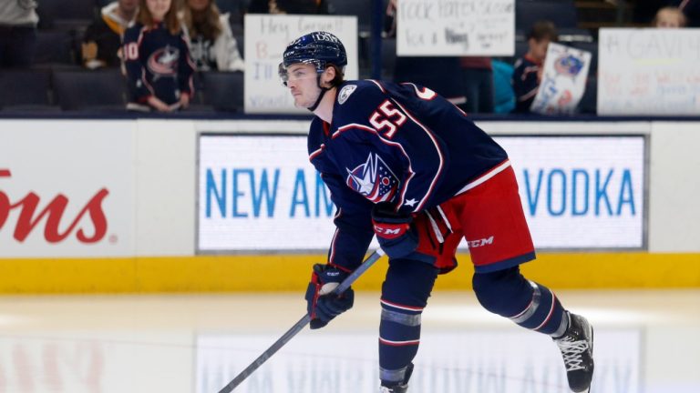 Columbus Blue Jackets forward Carson Meyer warms up before an NHL hockey game against the Boston Bruins in Columbus, Ohio, Monday, April 4, 2022. (Paul Vernon/AP Photo)