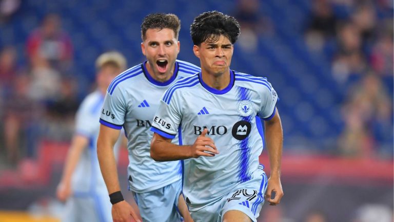 CF Montréal midfielder Olger Escobar, right, celebrates after his goal with defender Luca Petrasso, left, who assisted, during the second half of an MLS soccer match against the New England Revolution, Friday, July 25, 2025, in Foxborough, Mass. (Steven Senne/AP Photo)