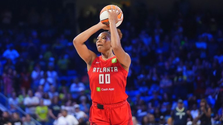 Atlanta Dream forward Naz Hillmon lines up to shoot a game winning shot during the second half of a WNBA basketball game against the Dallas Wings in Arlington, Texas, Wednesday, July 30, 2025. (LM Otero/AP)