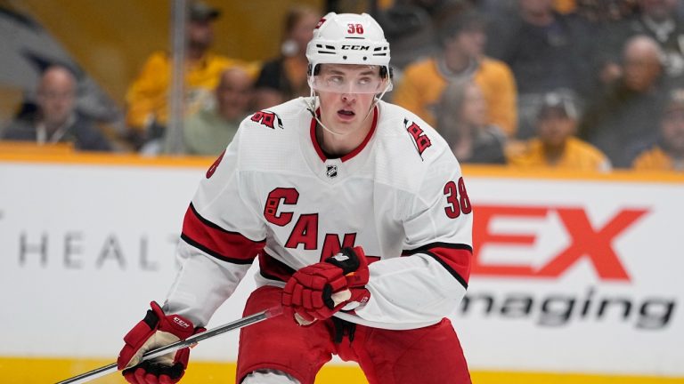 Carolina Hurricanes forward Noel Gunler (38) plays against the Nashville Predators during the third period of a preseason NHL hockey game Thursday, Oct. 5, 2023, in Nashville, Tenn. (George Walker IV/AP)