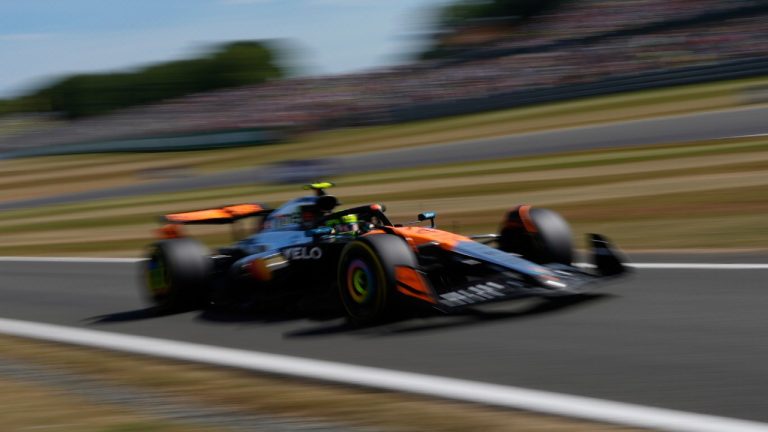 McLaren driver Lando Norris of Britain in action during the second practice of the British Formula One Grand Prix in Silverstone, England, Friday, July 4, 2025. (Darko Bandic/AP)