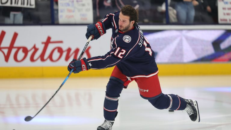Columbus Blue Jackets forward Owen Sillinger warms up before an NHL hockey game against the Seattle Kraken in Columbus, Ohio, Thursday, Jan. 9, 2025. (Paul Vernon/AP)