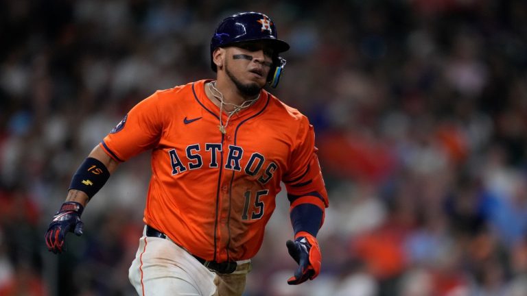 Houston Astros' Isaac Paredes runs to first after hitting a single during the seventh inning of a baseball game against the Texas Rangers, Friday, July 11, 2025, in Houston. (Kevin M. Cox/AP)