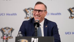 Anaheim Ducks General Manager Pat Verbeek speaks to reporters during a press conference that announced Greg Cronin as the team's new head coach in Anaheim, Calif., Monday, June 5, 2023. (Ashley Landis/AP)