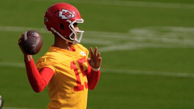 Kansas City Chiefs quarterback Patrick Mahomes passes the ball at NFL football training camp Tuesday, July 22, 2025, in St. Joseph, Mo. (Charlie Riedel/AP)