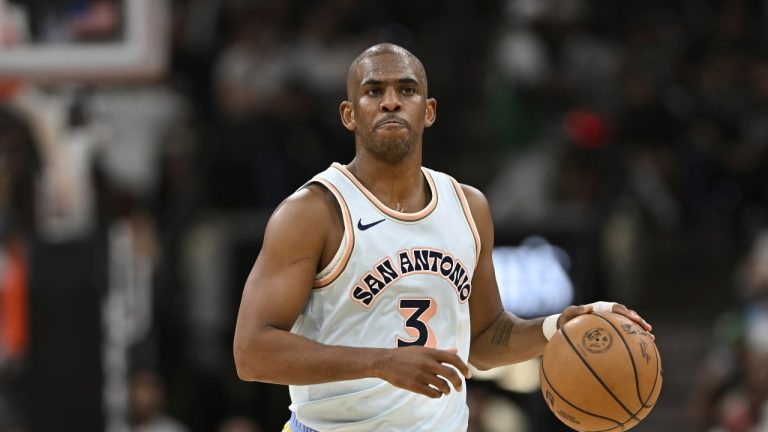 San Antonio Spurs' Chris Paul runs upcourt during an NBA basketball game against the Boston Celtics, Saturday, March 29, 2025, in San Antonio. (Darren Abate/AP)