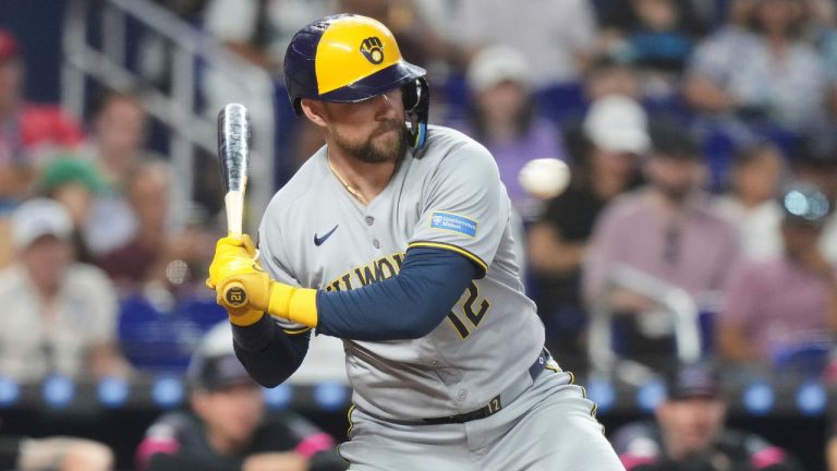 Milwaukee Brewers' Rhys Hoskins (12) bats during a baseball game against the Miami Marlins, Saturday, July 5, 2025, in Miami. (Lynne Sladky/AP)