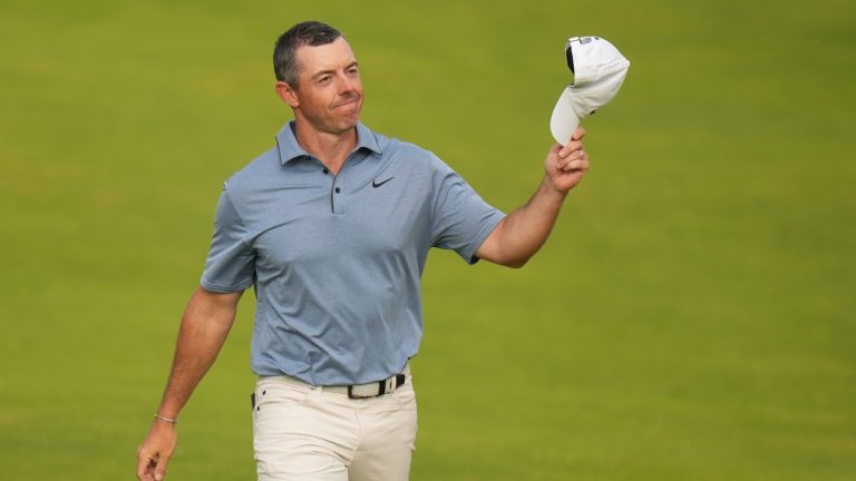 Rory McIlroy of Northern Ireland acknowledges the crowd as he walks onto the 18th green during the final round of the Open Championship at the Royal Portrush Golf Club, Northern Ireland, Sunday, July 20, 2025. (Francisco Seco/AP)