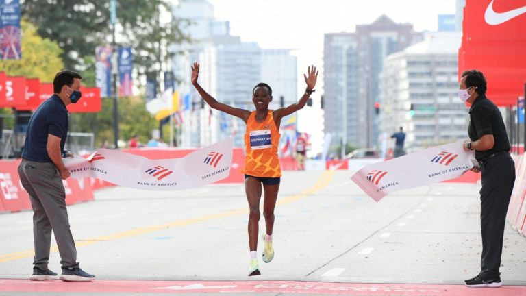 Ruth Chepngetich of Kenya, wins the Women's 2021 Bank of America Chicago Marathon Sunday, Oct. 10, 2021, in Chicago. (Paul Beaty/AP)