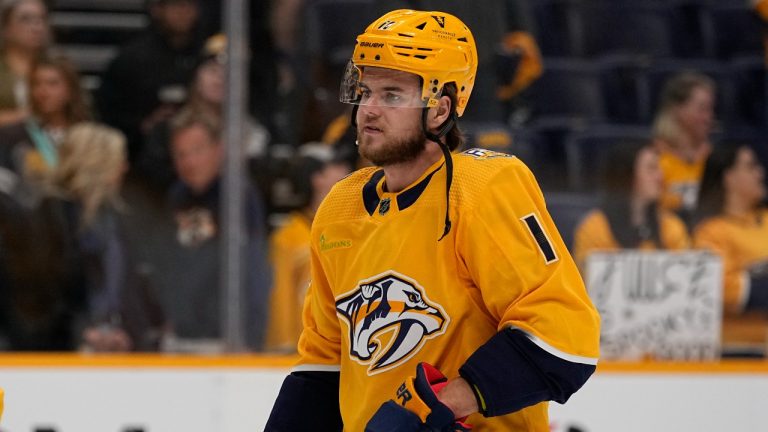 Nashville Predators left wing Samuel Fagemo warms up before an NHL hockey game against the Vancouver Canucks, Tuesday, Oct. 24, 2023, in Nashville, Tenn. (George Walker IV/AP)