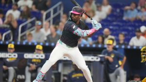 Miami Marlins' Jesus Sanchez bats during the first inning of a baseball game against the Milwaukee Brewers, Saturday, July 5, 2025, in Miami. (Lynne Sladky/AP)