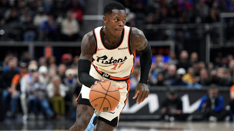 Detroit Pistons guard Dennis Schroder dribbles during the second half of an NBA basketball game against the Sacramento Kings, Monday, April 7, 2025, in Detroit. (Jose Juarez/AP)