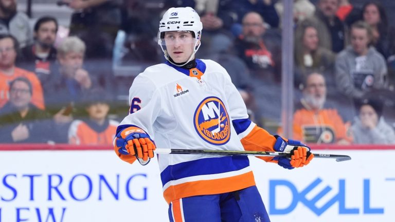 New York Islanders' Scott Perunovich plays during an NHL hockey game, Thursday, Jan. 30, 2025, in Philadelphia. (Matt Slocum/AP)