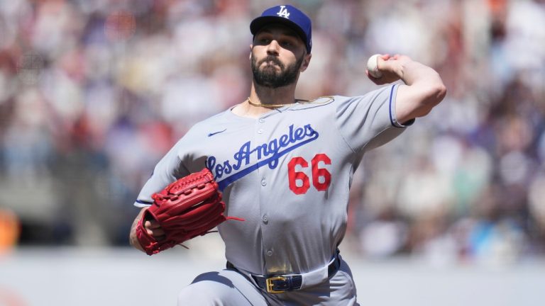Los Angeles Dodgers pitcher Tanner Scott during a baseball game against the San Francisco Giants in San Francisco, Sunday, July 13, 2025. (Jeff Chiu/AP)