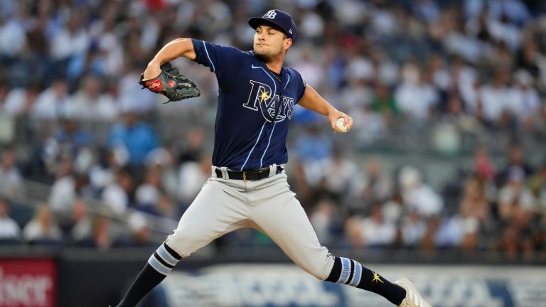 Tampa Bay Rays' Shane McClanahan pitches during the first inning of a baseball game against the New York Yankees, Wednesday, Aug. 2, 2023, in New York. (Frank Franklin II/AP)