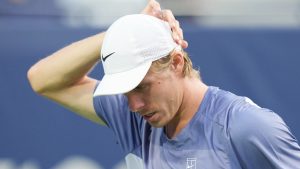 Canada's Denis Shapovalov reacts during his straight sets defeat to United States' Learner Tien during second round tennis action at the National Bank Open in Toronto on Tuesday, July 29, 2025. (Chris Young/CP)