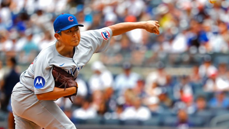 Chicago Cubs pitcher Shota Imanaga throws during the first inning of a baseball game, against the New York Yankees, Sunday, July 13, 2025, in New York. (Noah K. Murray/AP)