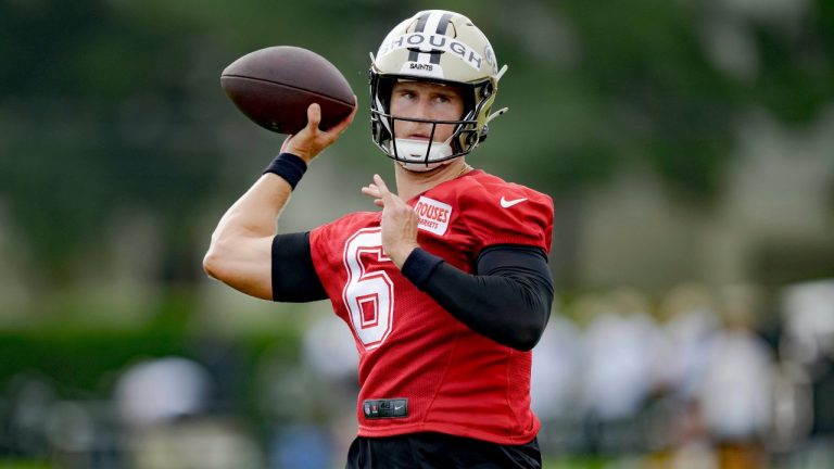 New Orleans Saints quarterback Tyler Shough (6) throws during the team's NFL football training camp in Metairie, La., Wednesday, July 23, 2025. (Matthew Hinton/AP)