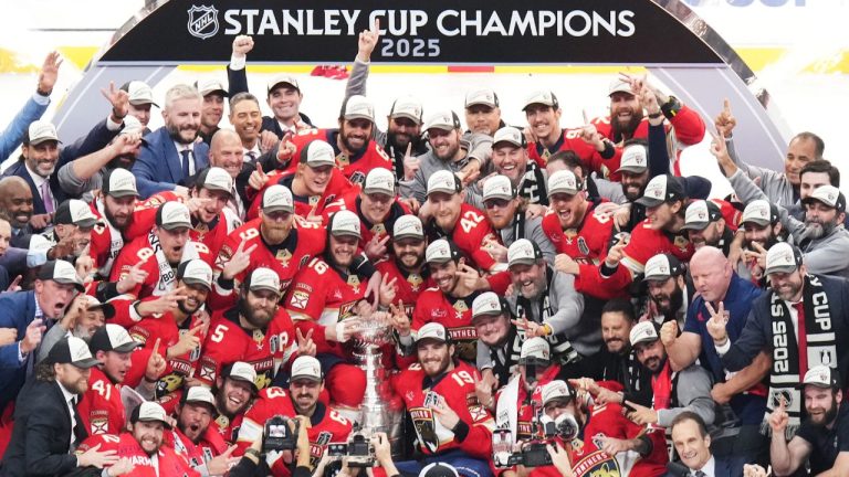The Florida Panthers celebrate with the Stanley Cup after defeating the Edmonton Oilers in Game 6 of the Stanley Cup final in Sunrise, Fla., on Tuesday, June 17, 2025. (Nathan Denette/CP)