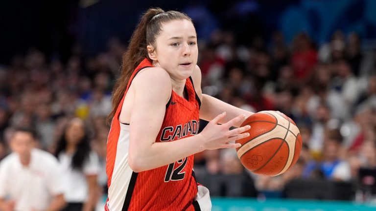 Canada's Syla Swords drives toward the basket during a women's basketball game against Canada at the 2024 Summer Olympics, Thursday, Aug. 1, 2024, in Villeneuve-d'Ascq, France. (Michael Conroy/AP)