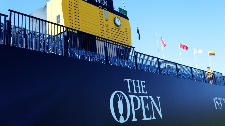 The scoreboard on the 18th green at the Dunluce course which is holding the 2025 British Open golf championship at Royal Portrush Golf Club, Northern Ireland, Sunday, July 13, 2025. (Peter Morrison/AP)