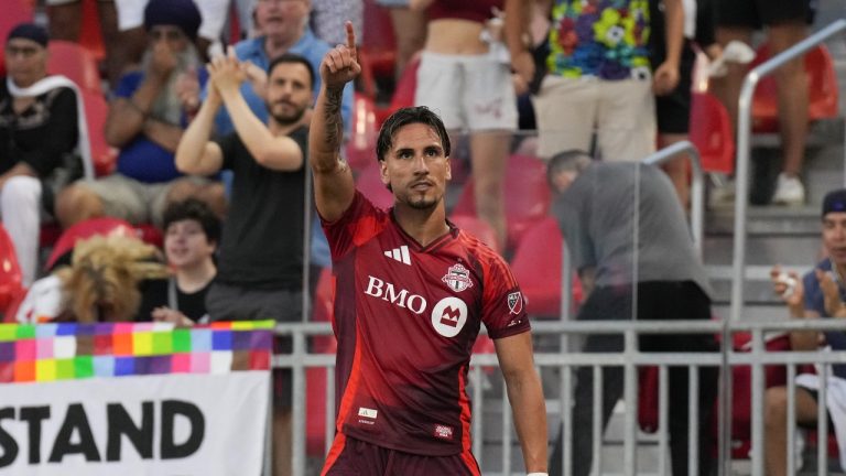 Toronto FC's Theo Corbeanu (7) celebrates his goal against the New York Red Bulls during second half MLS action in Toronto, on Wednesday, June 25, 2025. (Chris Young/THE CANADIAN PRESS)